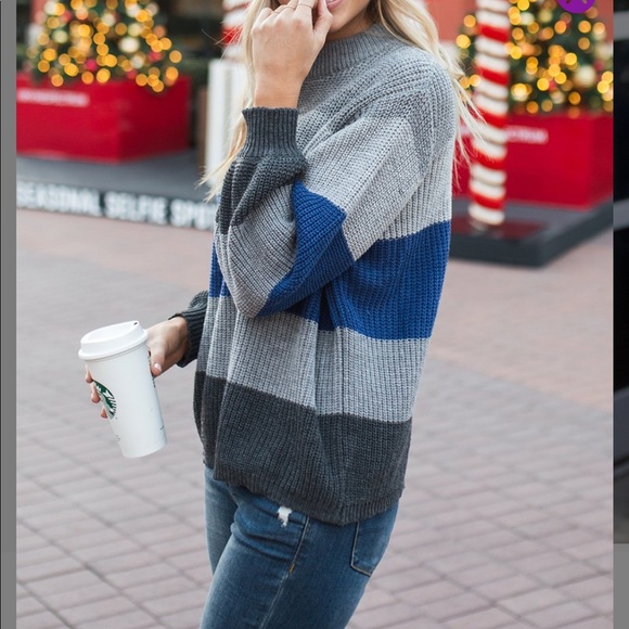 Plus Navy & Gray Stripe Mock Neck Sweater - Picture 3 of 4